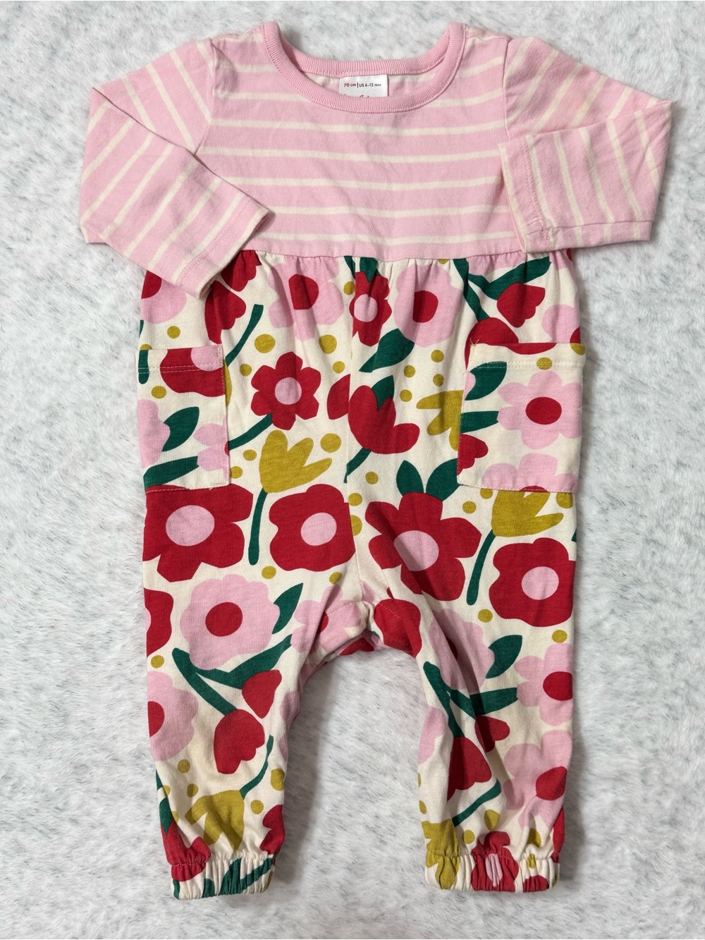 Hanna Andersson Pink Floral Stripe Romper 6-12M Baby Girl Organic Cotton Summer